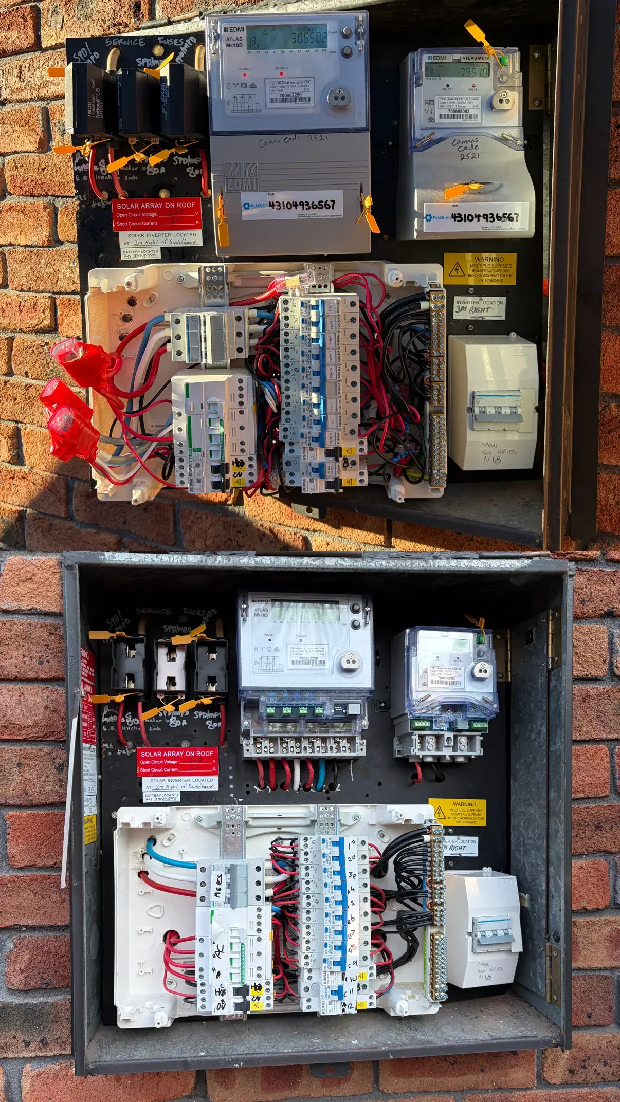 After: new switchboards neatly wired with breakers and safety switches