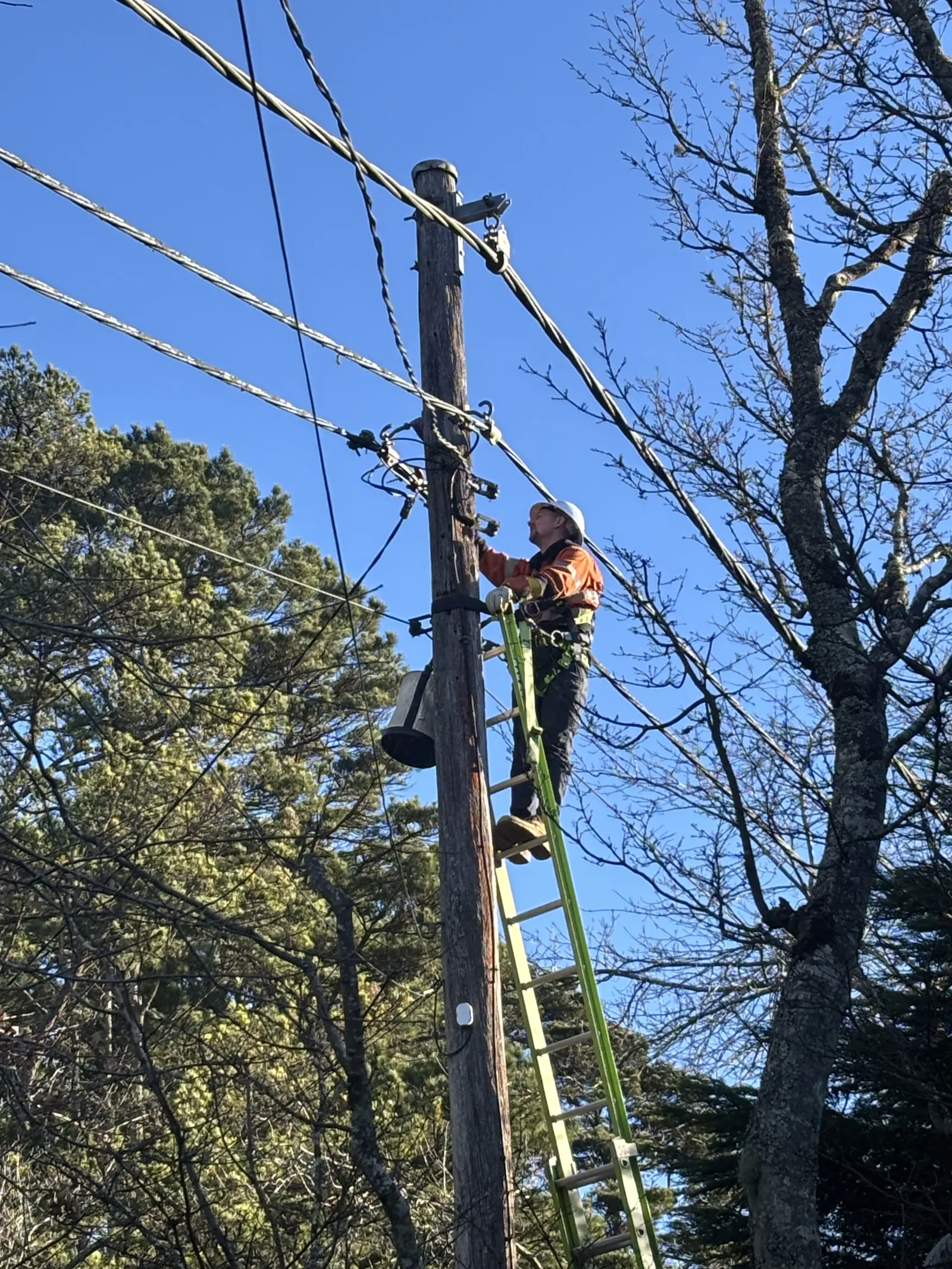 Electrician on a ladder at the top of a private power pole