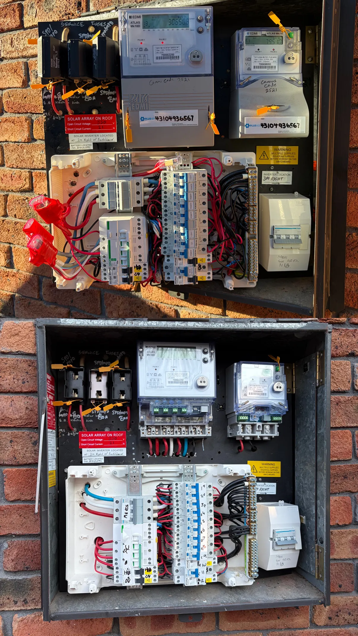 Old switchboard wiring before, and the tidy new switchboard after